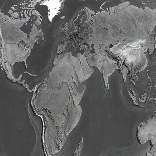 A grayscale image. A 5000 km wide demflux topographical relief map showing the area which consists of continents and ocean basins. The image is in extremely high resolution and crispy. The detail of the image is immense. The overall composition is bold and dynamic, but not cluttered. Various curvy features are the theme of the image and are elegant.