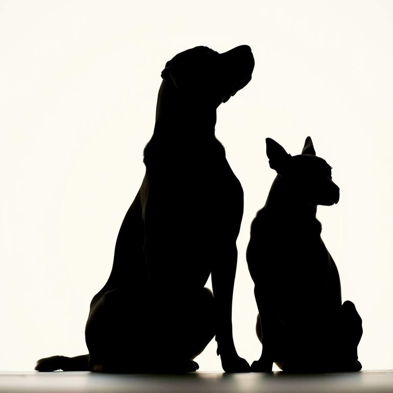 silhouette of two dogs sitting side by side against a white background, captured with a Canon EOS R5 with a 50mm f/1.2 lens at f/2.8, ISO 100, in a low-angle view, with natural backlighting for enhanced contrast.