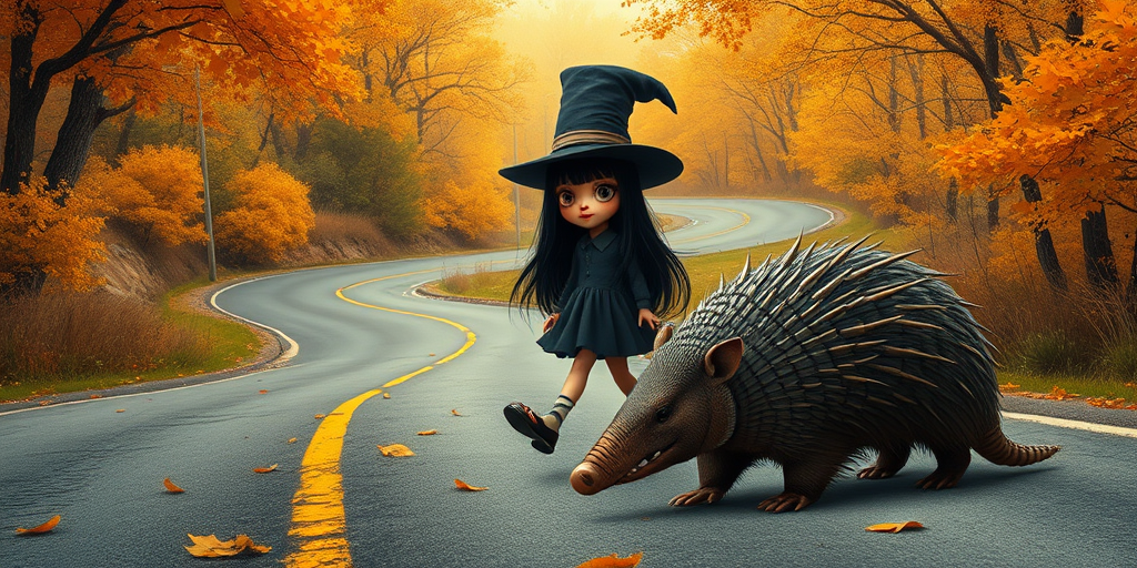digital art fantasy depicting a strange girl with black hair, long eyelashes, orange lipstick and a tall hat walking along a winding road on an autumn afternoon, an armadillo smiles as he passes