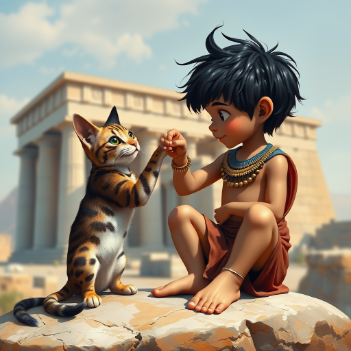 Airbrush, whimsical, glossy oil painting, hyper realism of an Ancient Egyptian boy with black messy short hair, wearing an Ancient Egyptian outfit, bare feet, sitting on a stone in front of a temple, fist bumping with his Ancient Egyptian cat, the boy and the cat looking to each other proudly.