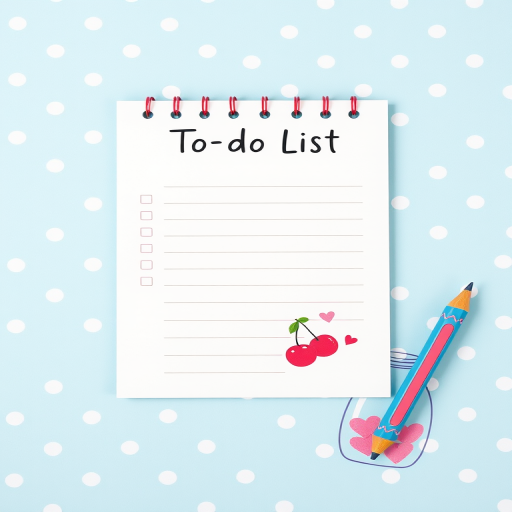 Create a colorful to-do list notepad design with a light blue background, polka dots, and cute illustrations of cherries, a pencil, and a jar with hearts, captured with a Canon EOS R5, using a 50mm lens, f/2.8 aperture, and natural light for a vibrant, high-quality finish.