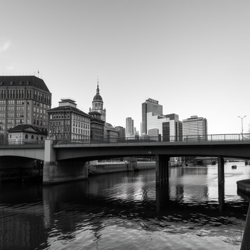 capture a black and white photograph of a cityscape featuring a bridge over a river with reflections, using a DSLR camera, 50mm lens, aperture f/8, shutter speed 1/125s, ISO 200, taken from a low angle perspective to emphasize the buildings and water reflections.