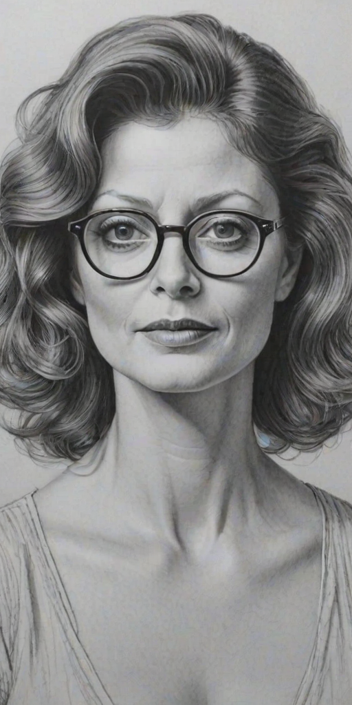 Gorgeous Susan Sarandon, pencil sketch, portrait of Enchanting woman 1935s in glasses, hair style beatnik, outline, clear lines, fine lines, 8k