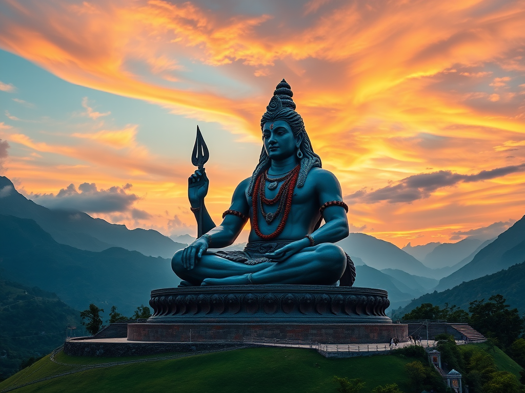 Create an image of a colossal statue of Lord Shiva seated in meditation, surrounded by majestic mountains and lush green valleys, with a dynamic sky showcasing vibrant colors at sunset, captured with a DSLR camera using a 24mm lens, aperture set to f/8 for depth of field, ISO 100, in landscape orientation, emphasizing details and textures for high-quality resolution.