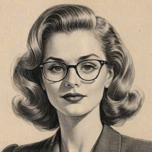 Enticing Lilia Buckingham, pencil sketch, portrait of Appealing woman 1944s in glasses, hair style beatnik, outline, clear lines, fine lines, 8k