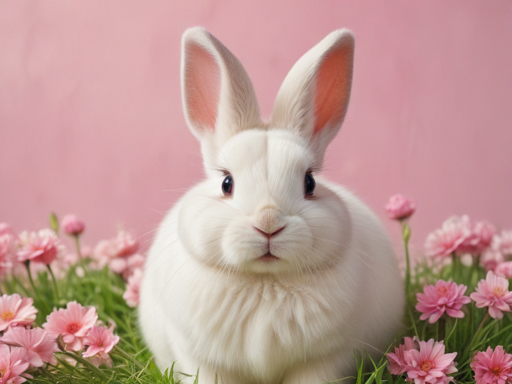 A Charming White Rabbit Surrounded by Colorful Flowers on a Soft Pink ...