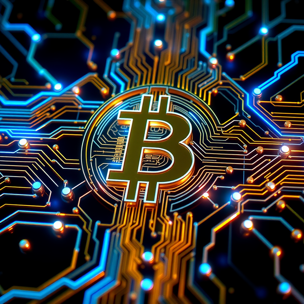 Imagine a Bitcoin symbol (₿) intricately designed as part of a futuristic, glowing circuit board. The ₿ is central, composed of metallic gold and silver lines, seamlessly blending into the web of circuits surrounding it. Blue and green LED-style lights trace through the circuits, making it look like Bitcoin is powering a digital network. The background is dark, with neon accents highlighting the tech vibe, symbolizing the digital and decentralized nature of Bitcoin