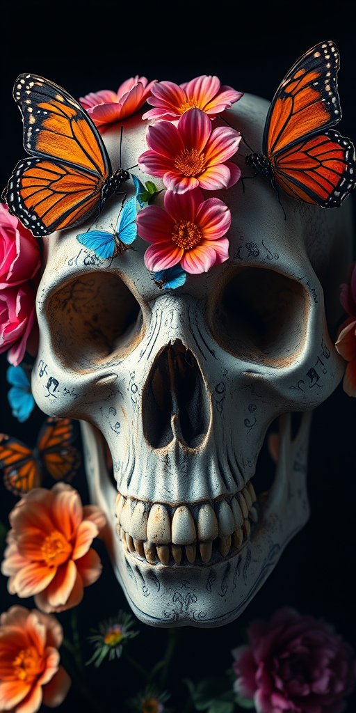 skull with flowers and butterflies, intricate detailing, dark background, vibrant colors, close-up view, shot with a Canon EOS R5, 50mm lens, f/1.8 aperture, ISO 100, natural light for enhanced depth and contrast