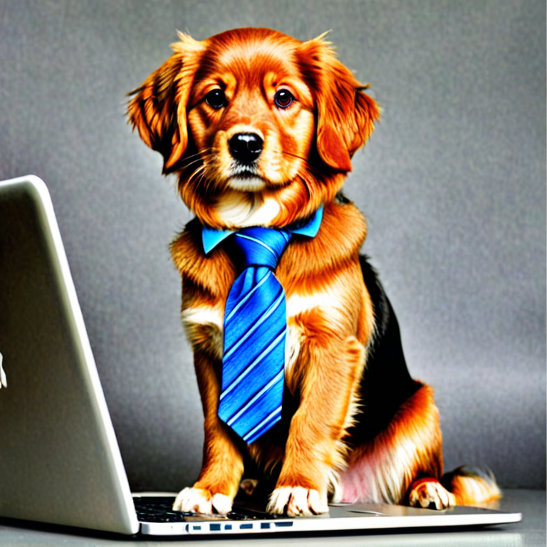 Hovawart black tan dog with tie, MacBook Pro, datacenter