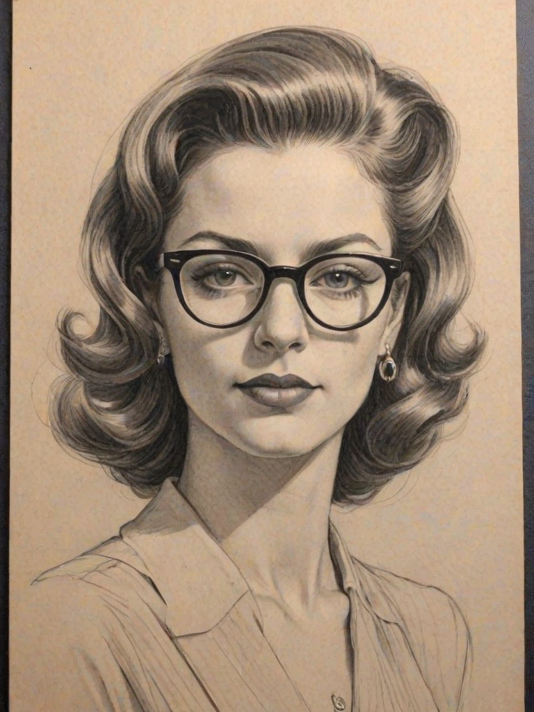 Dazzling Raven Symon', pencil sketch, portrait of Sublime woman 1939s in glasses, hair style beatnik, outline, clear lines, fine lines, 8k