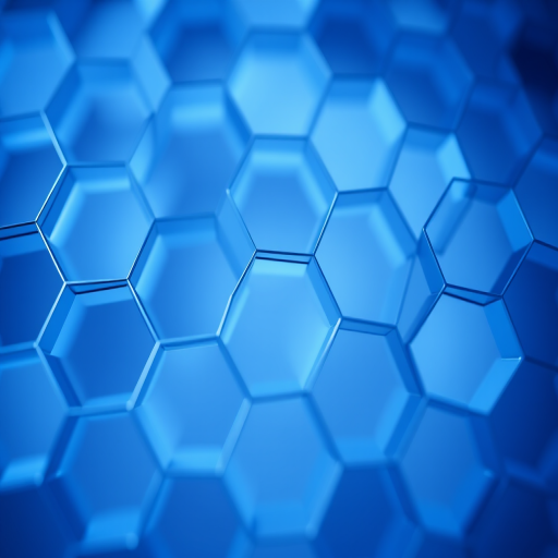 Create a high-resolution abstract image of interconnected hexagons in varying shades of blue, focusing on depth and dimension with soft lighting, using a Canon EOS R5, 35mm lens, f/8 aperture, ISO 100, and a shutter speed of 1/125 seconds, with a slight bokeh effect.