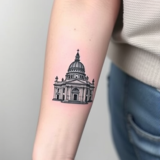 Elegant single-needle tattoo depicting a detailed architectural sketch of a famous landmark, rendered in fine lines and subtle shading, gracefully adorning the inner forearm