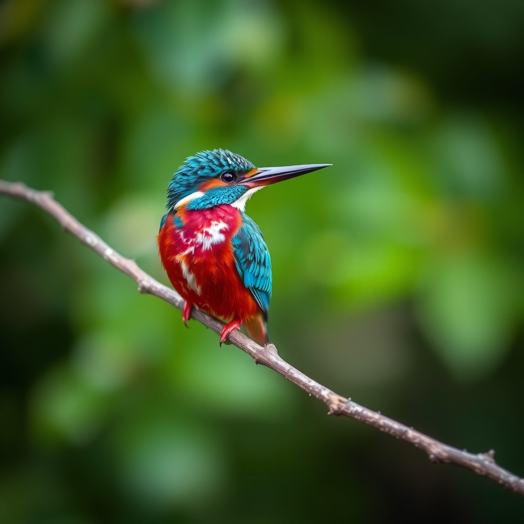 A vibrant kingfisher perched on a branch with a blurred green background, captured with a Canon EOS R5, 85mm lens, aperture f/2.8, ISO 200, shutter speed 1/250s, in soft focus style for enhanced detail and clarity.