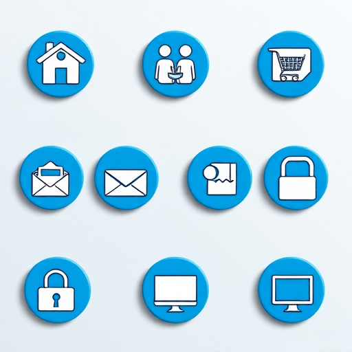 Create a set of twelve circular blue icons representing home, users, information, shopping cart, email, volume, files, lock, computer, internet, SMS, and network connection, shot with a DSLR camera at f/8, ISO 100, 50mm lens, top-down view, soft lighting for clarity and detail.