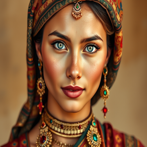 Create a portrait of a beautiful Nepali woman with striking white eyes and a gentle expression. She is adorned in traditional attire with intricate patterns, including a richly embroidered headscarf and matching garments. Her jewelry includes a delicate headpiece, dangling earrings, and ornate bracelets, all featuring vibrant gemstones and detailed metalwork. The background is soft and warm, enhancing the rich colors of her outfit and jewelry.