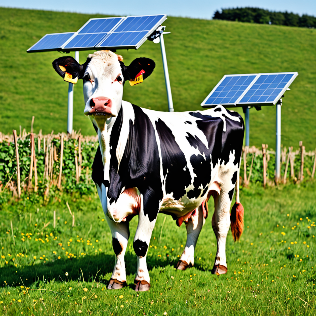 A happy cow in a field with a solar panel strapped on its back