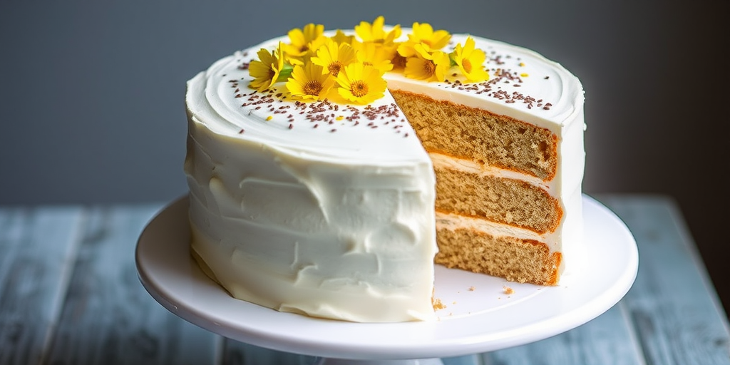 A three-layer cake with a smooth white frosting topped with small yellow flowers and poppy seeds with a slice cut out revealing the layers inside placed on a white pedestal plate.