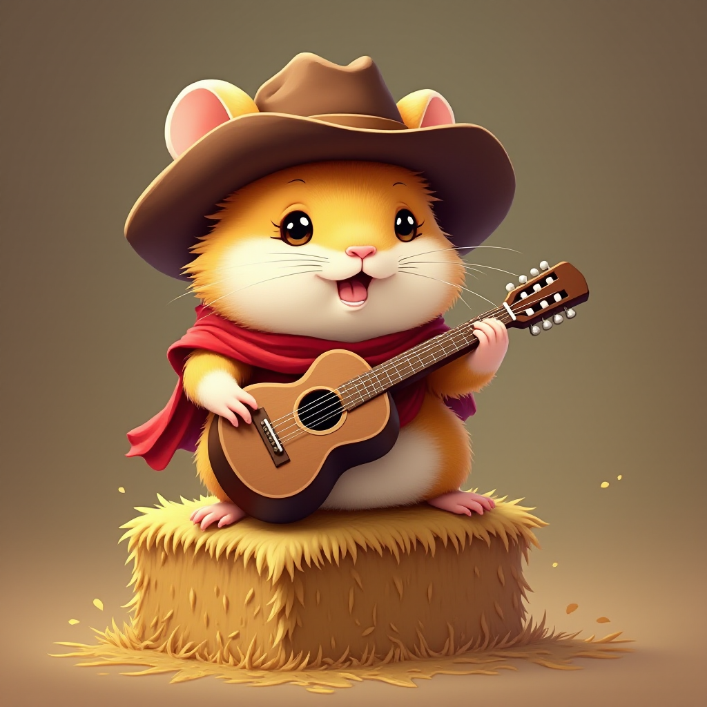 A chibi hamster, dressed as a cowboy, playing guitar, sitting on a hay bale