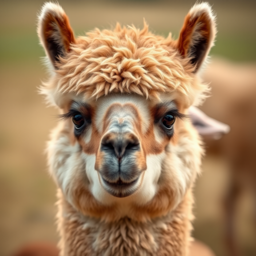 Capture a high-resolution portrait of an alpaca with a shallow depth of field, using a 50mm lens at f/1.8, ISO 200, and a shutter speed of 1/200 sec, taken with a DSLR camera from a slightly low angle to emphasize facial features against a soft blurred background.