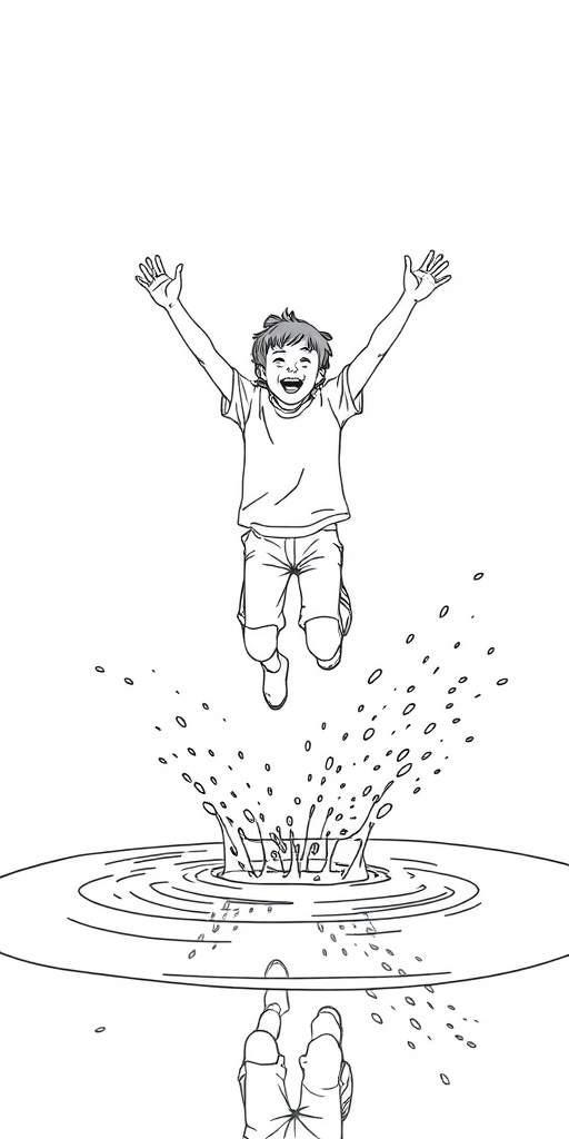 Create a minimalist line drawing of a joyful person jumping into a puddle with arms raised, captured in high resolution using a DSLR camera, 50mm lens, f/2.8 aperture, ISO 100, shot from a low angle to emphasize the splash.