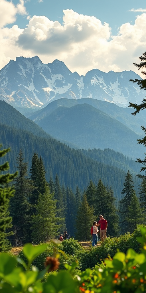 regenerate the landscape scene with majestic mountains in the background, lush forests in the foreground, a group of figures engaging together, soft natural lighting, focus on intricate details of foliage, wide-angle view, DSLR camera settings: ISO 100, f/8, shutter speed 1/200s, shot in high-resolution quality, vibrant colors, painterly style.