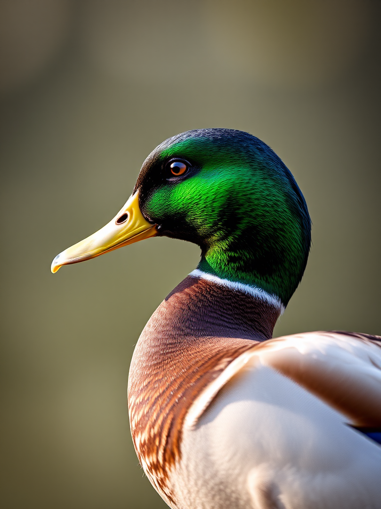Create an image of a mallard duck in profile with vibrant green and yellow features, captured with a DSLR camera at f/4, 1/500s, ISO 200, using a 70-200mm lens and a shallow depth of field for a soft background blur.