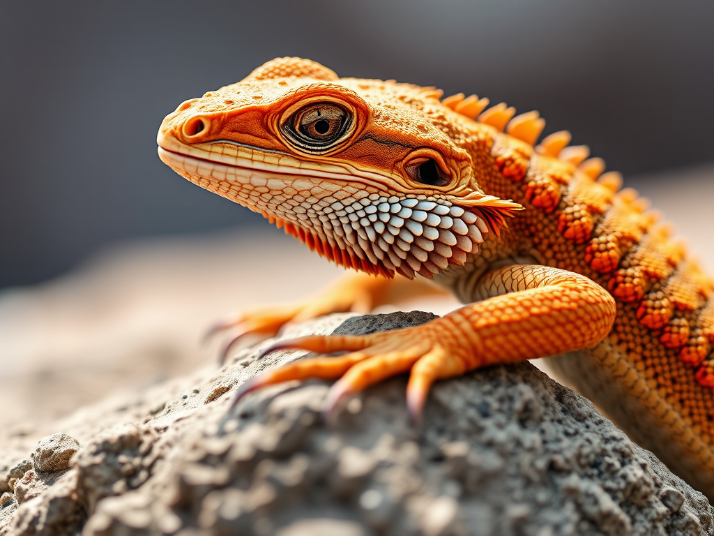 A close-up of a Bearded Dragon lizard perched on a rock, with vivid orange and brown scales, sharp details, natural lighting, aperture f/2.8, shutter speed 1/200s, ISO 100, 50mm lens, shallow depth of field, macro photography style.
