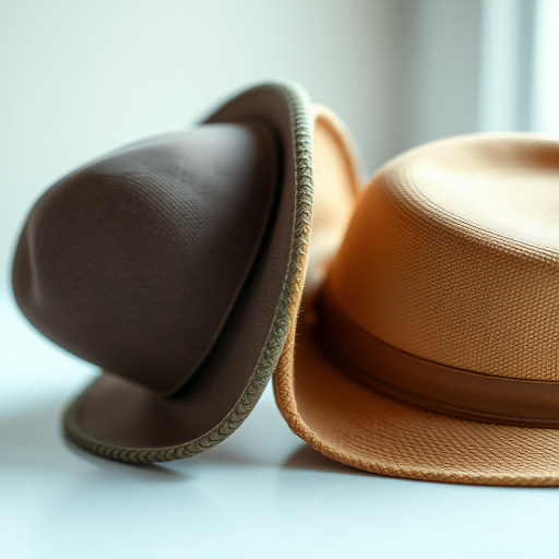 Regenerate an image of two vintage hats side by side, with intricate details and reflections, using a DSLR camera with a 50mm lens, f/2.8 aperture, ISO 100, under soft natural lighting, capturing in a shallow depth of field for emphasis on the hats.
