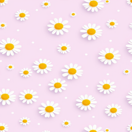 create a seamless pattern featuring small white daisies with yellow centers on a soft lavender background with scattered white dots