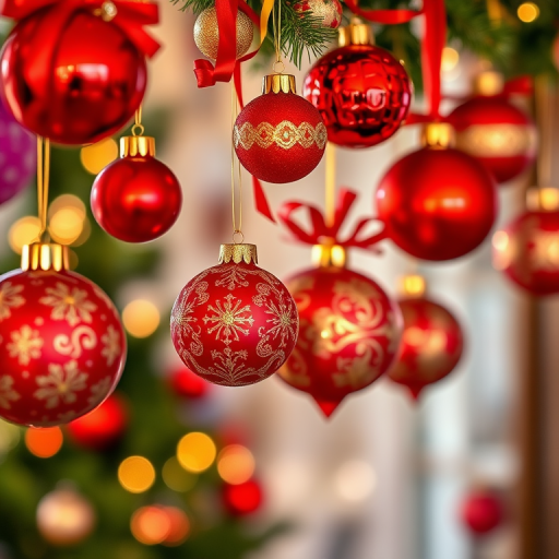 Create a vibrant and festive holiday decoration scene with a variety of red and gold ornaments hanging from a string, featuring detailed designs and ribbons, shot with a DSLR camera at f/2.8 aperture, 50mm lens, ISO 100, and a soft focus background for enhanced depth of field.