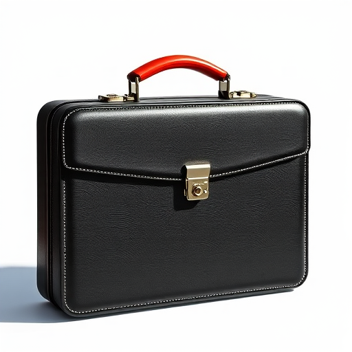 Create a detailed illustration of a sleek, vintage-style black briefcase with a red handle, using a Canon EOS 5D Mark IV with a 50mm lens at f/1.8, ISO 100, in soft natural lighting to enhance textures and reflections, shot from a 45-degree angle.