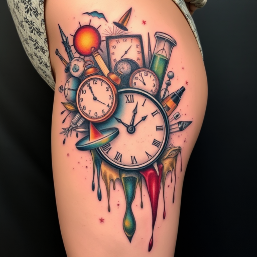 Surrealist tattoo called "Dreamscape Fusion" blending abstract elements, melting clocks, and floating objects in a Salvador Dali-inspired composition, perfect for thigh or side placement
