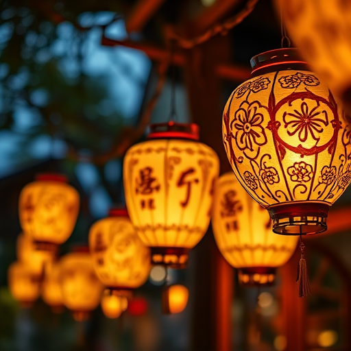 Create an image of illuminated paper lanterns hanging in a cozy evening setting, with intricate designs casting beautiful shadows, using a DSLR camera, f/1.8 aperture, ISO 200, 50mm lens, soft focus background, warm color palette.