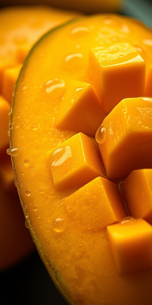 Create a hyper-realistic image of a fresh mango sliced in half with cubes visible, droplets of juice beading on its surface, soft diffused lighting, macro lens, f/2.8, ISO 100, 50mm focal length, shot from a slightly elevated angle to highlight the texture and color vibrancy.