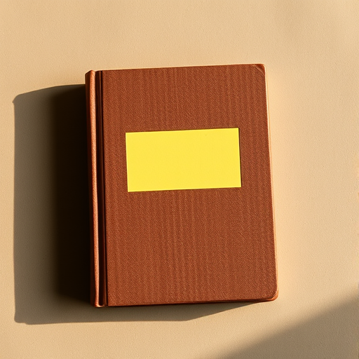 A closed brown book with a blank yellow label on the front, soft focus with natural lighting, shot with a 50mm lens at f/1.8, using a DSLR camera from a top-down view, with a subtle drop shadow for depth.