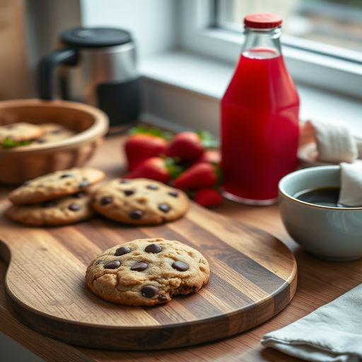 Create a cozy kitchen scene featuring a wooden serving board with chocolate chip cookies, fresh strawberries, a bottle of berry juice, and a coffee cup with a napkin, using a Canon EOS R with a 35mm lens, aperture set to f/2.8 for shallow depth of field, ISO 200, natural lighting to enhance details and colors.