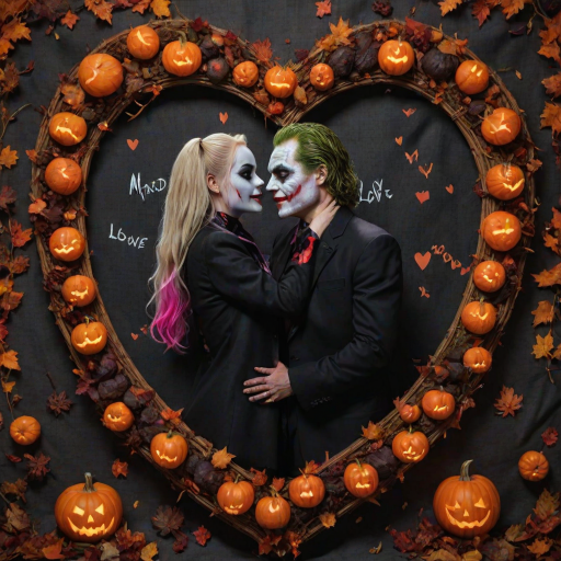 The Joker, neat, wearing a black suit and a beautiful Harley Quinn with long hair, both romantic, hugging and cuddling in the middle of a neon linen black heart frame decorated with dead leaves, bats, and small pumpkins, with a label at the bottom that reads 'Mad Love' made of linen, in a photo realistic style.