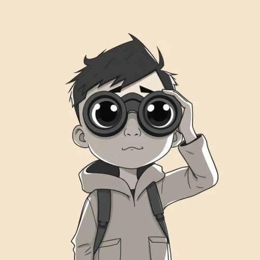 Regenerate a cartoon illustration of a boy with oversized eyes looking through binoculars, monochromatic color scheme on a beige background, shot with a Canon EOS R5 at f/5.6, 50mm lens, soft focus style, high dynamic range.