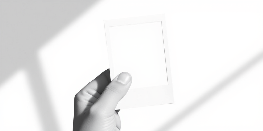 Create a clean, minimalist black and white illustration of a hand holding a blank Polaroid photo, using a high-resolution digital camera, 50mm lens, f/2.8 aperture, ISO 100, with natural soft lighting for optimal clarity and detail.