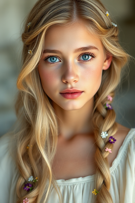 Create an image of a young Persian woman with long, wavy blonde hair, adorned with small, colorful flowers woven into her braids and loose strands. Her complexion is fair, with soft, glowing skin, and she has light blue eyes that gaze softly at the viewer. She wears a light, flowing dress with a gentle, ethereal quality, complementing her delicate and serene appearance. The background is slightly blurred, drawing focus to her tranquil expression and the intricate details of the flowers in her hair. The overall mood of the image is one of natural beauty and grace, evoking a sense of peacefulness and connection with nature.