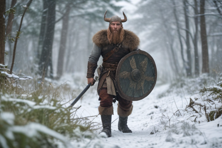 A viking in the snowy jungle