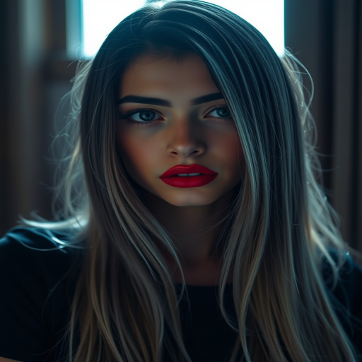 portrait of a girl with long black and silver hair, striking red lips, wearing a black top, dramatic lighting from a window highlighting her features, soft focus effect, shot with a Canon EOS R5, 50mm lens, f/1.8, ISO 100, natural light, high contrast, moody atmosphere