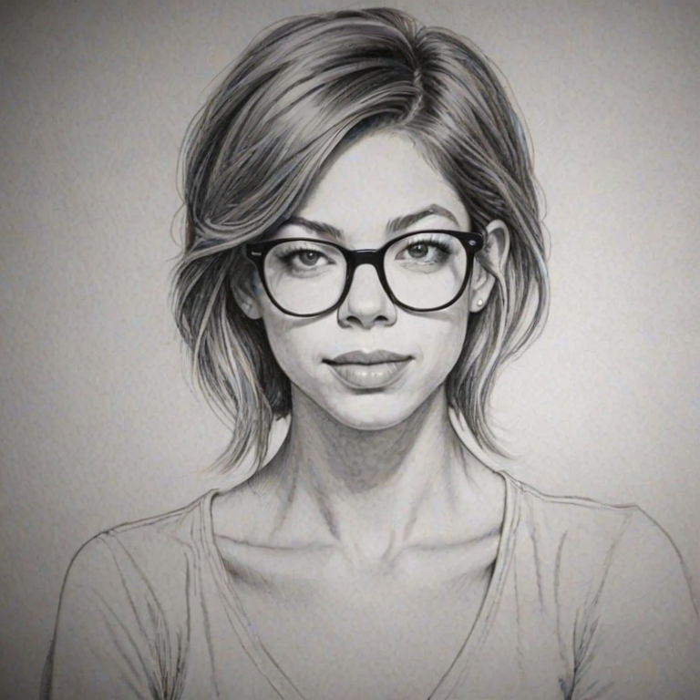 Beauteous Analeigh Tipton, pencil sketch, portrait of Fascinating woman 1977s in glasses, hair style beatnik, outline, clear lines, fine lines, 8k