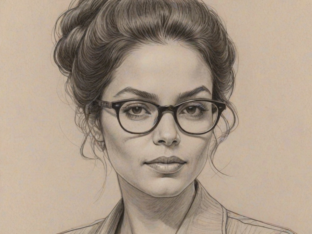 Lovely Zuleikha Robinson, pencil sketch, portrait of Splendid woman 1974s in glasses, hair style beatnik, outline, clear lines, fine lines, 8k