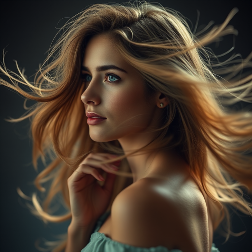 Create a portrait of a woman with flowing hair, capturing a side profile with ethereal, swirling elements around her; use a Canon EOS R5 camera, 50mm lens, aperture f/1.8, ISO 100, soft focus style, and a slight misty effect for a dreamy atmosphere.