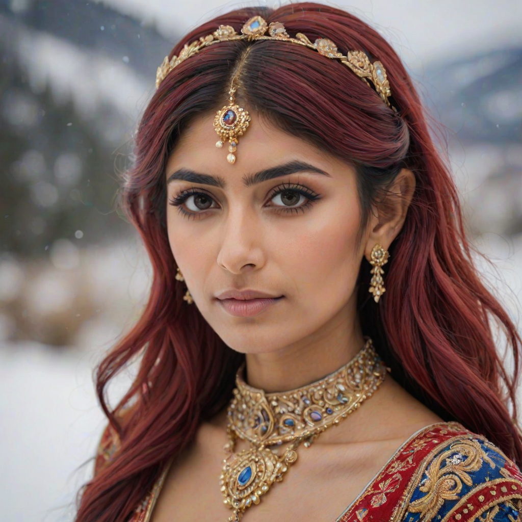 mia khalifa with long, flowing red hair, wearing a traditional, ornate red and blue costume with gold accents and intricate embroidery, stands facing the viewer in a close-up portrait. Her hair is styled in a high ponytail and adorned with a pair of golden, winged hairpieces. She wears gold earrings and her makeup is accented with light pink blush and a bright red lip. She has a soft and slightly melancholic expression, with her eyes looking directly at the camera. The background is a blurred, out-of-focus snowy landscape, with the woman in the foreground. The lighting is soft and natural, creating a warm, intimate atmosphere. The image is composed using a shallow depth of field, with the woman as the main focal point. The overall style is elegant, delicate, and fairytale-like.