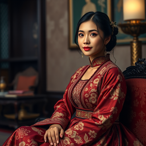 A beautiful Filipino woman in traditional East Asian attire, intricately detailed with embroidered patterns, sitting gracefully in a richly decorated room, soft ambient lighting, serene and elegant, ultra-realistic, 8K resolution