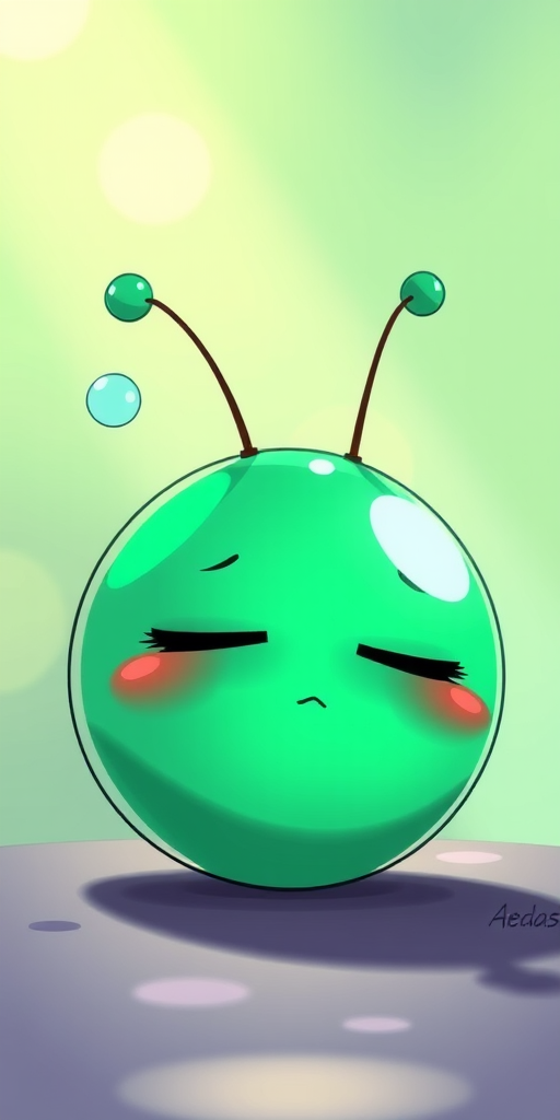 Create a vibrant cartoonish character of a sleeping green sphere with two floating antennae, background with a soft gradient, natural lighting, 50mm lens, f/2.8 aperture, ISO 100, in a digital illustration style, high resolution.