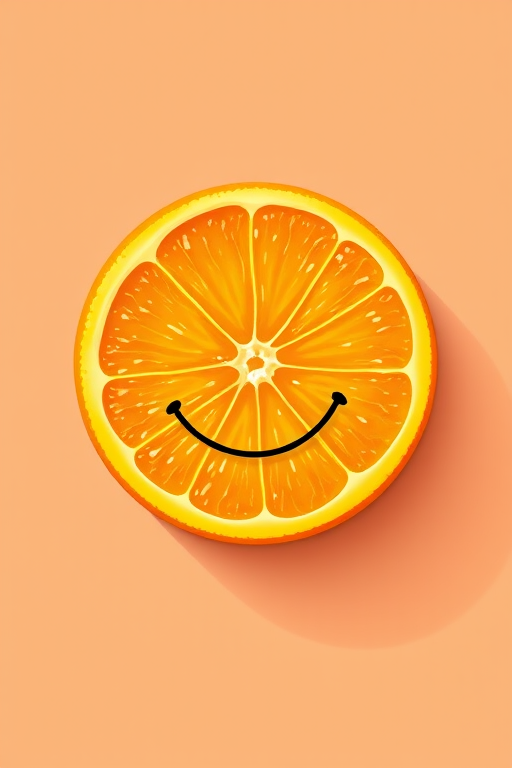 Create a vibrant, high-resolution illustration of a smiling orange slice, flat design, soft shadows, captured with a 50mm lens at f/2.8, top-down view, using a digital drawing style.
