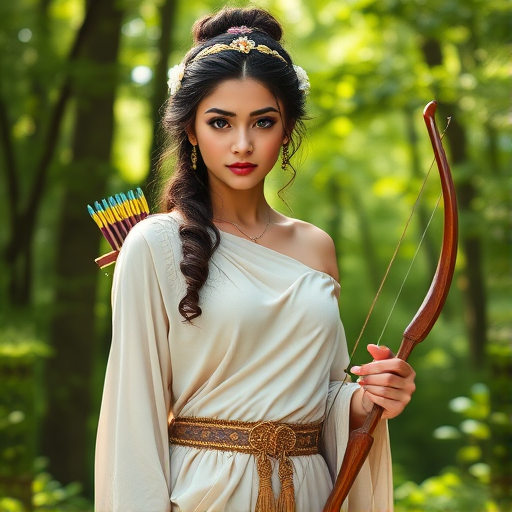 Create a portrait of a goddess-like Nepali girl figure in a tranquil, forested environment. She has an elegant appearance with long, wavy hair styled in an updo and adorned with a delicate, floral headband. She wears a flowing, ancient Greek-inspired gown in a soft, pale color, featuring a one-shoulder design and draped fabric that accentuates her graceful form. The outfit includes a decorative belt with ornate gold detailing, and she holds a bow in her hand, with a quiver of arrows slung over her shoulder. The background depicts lush greenery, with sunlight filtering through the trees, casting a gentle, ethereal light on the scene. Her expression is calm and contemplative, embodying a sense of wisdom and serenity.